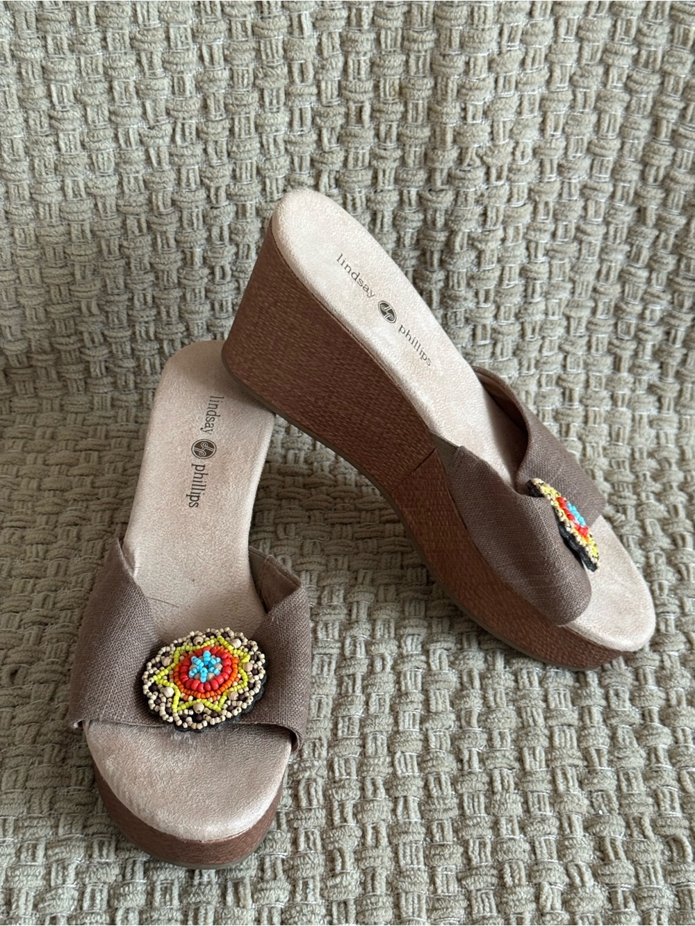 lindsay phillips Brown Wedge Sandals with Multicolor Beaded Medallion